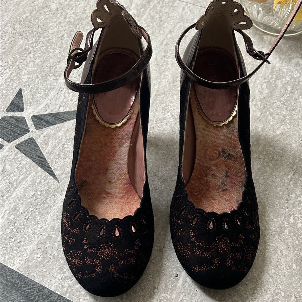 Dark Brown Lace-Detail Ankle-Strap Heels size 8.5